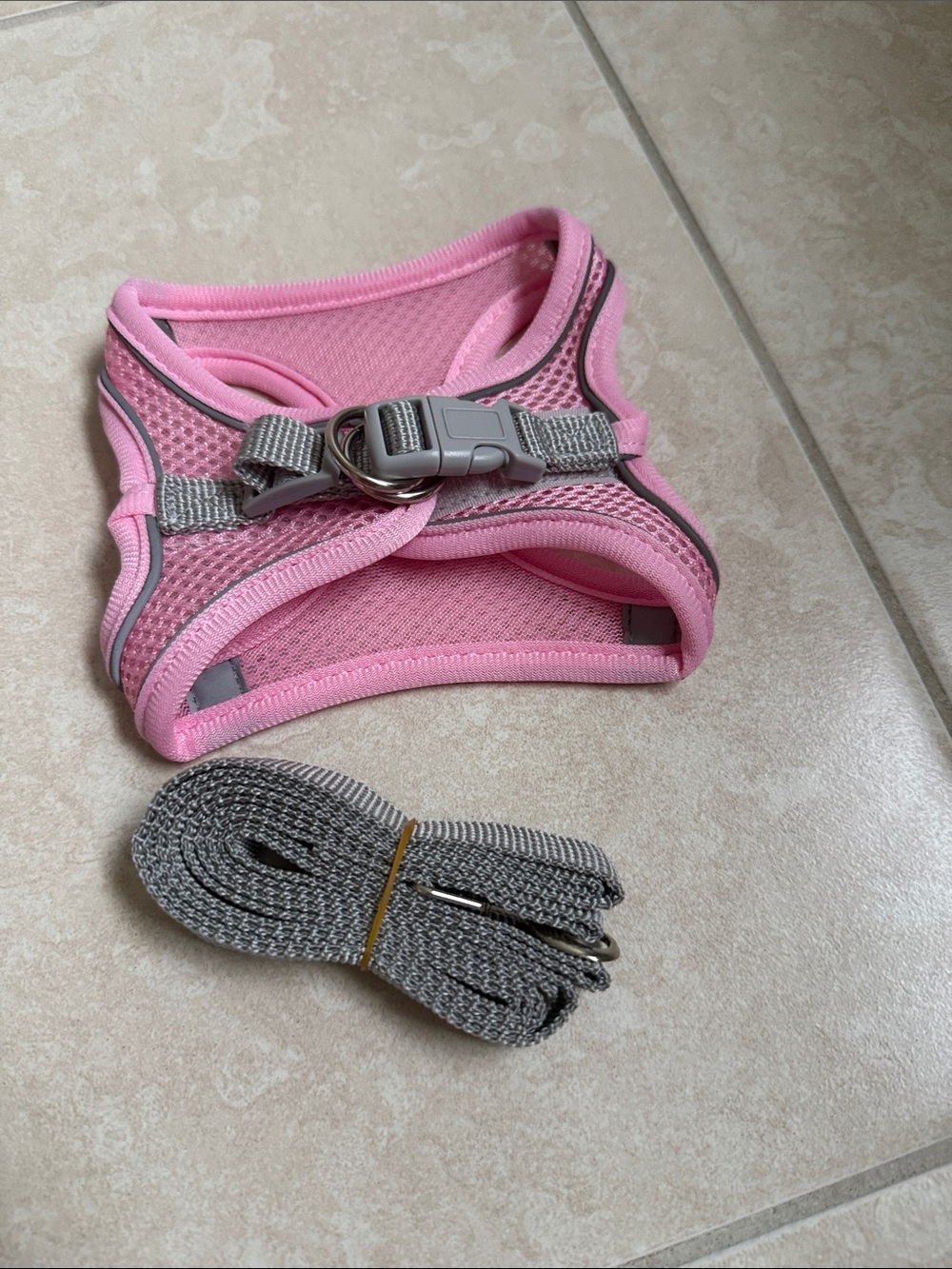 Pink Mesh Dog Harness with Gray Leash